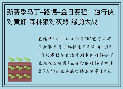 新赛季马丁-路德-金日赛程：独行侠对黄蜂 森林狼对灰熊 绿勇大战