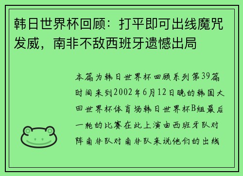 韩日世界杯回顾：打平即可出线魔咒发威，南非不敌西班牙遗憾出局