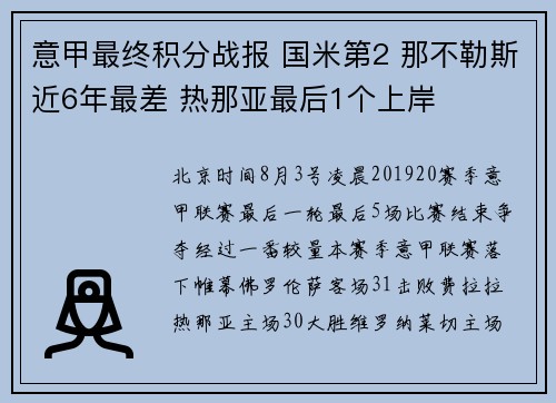 意甲最终积分战报 国米第2 那不勒斯近6年最差 热那亚最后1个上岸